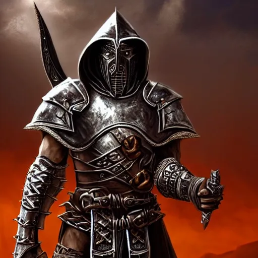 Image similar to unknown the elder scrolls vi hammerfall, battle hardened imposing male redguard character portrait partially clothed in hooded metal - plated exquisitely detailed hooded battle armour, desert, tropical, atmospheric lighting, painted, intricate, volumetric lighting, beautiful, rich deep colours masterpiece, sharp focus, ultra detailed