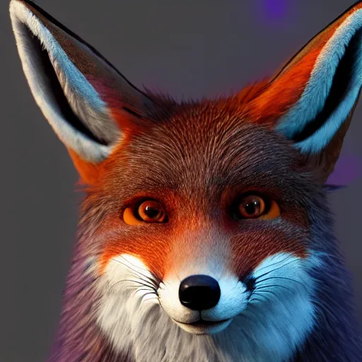 Image similar to a highly detailed portrait of a humanoid light brown fox, with a white muzzle, bright orange eyes, in a purple cloak, artstation, DeviantArt, professional, octane render