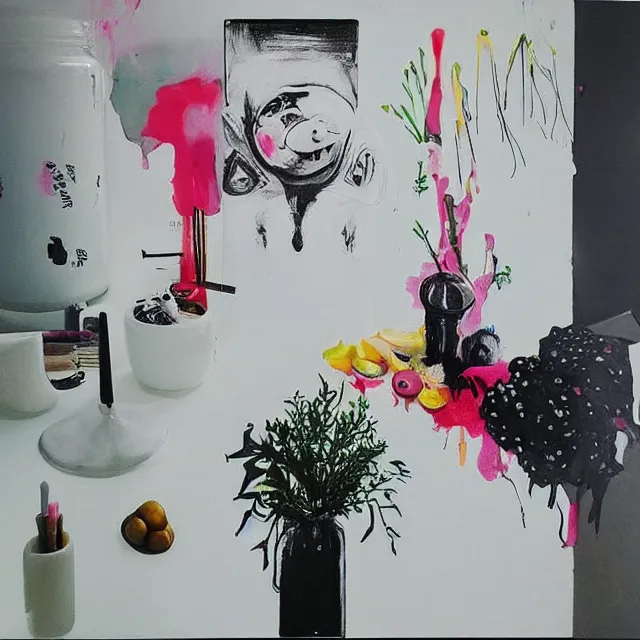 Image similar to “ a portrait in a female art student ’ s apartment, sensual, a pig theme, art supplies, paint tubes, ikebana, herbs, a candle dripping white wax, black walls, squashed berries, berry juice drips, acrylic and spray paint and oilstick on canvas, surrealism, neoexpressionism ”