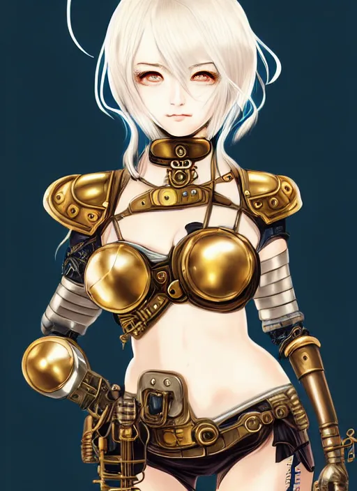 Image similar to portrait Anime girl in steampunk bikini armor, cute-fine-face, white-hair pretty face, realistic shaded Perfect face, fine details. Anime, steampunk, bioshock. realistic shaded lighting by Ilya Kuvshinov and Gustav Klimt