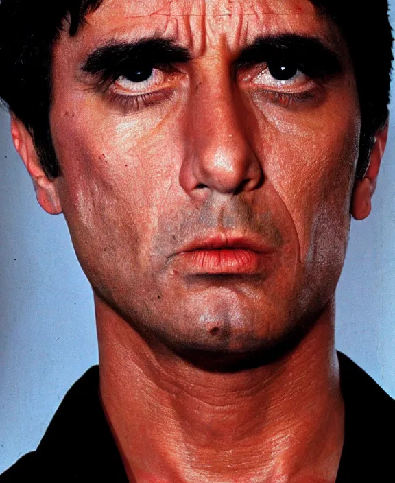 Image similar to headshot portrait. tony montana from movie scarface 1 9 8 3. al pacino, perfect symmetric face, coherent eyes, fine details., 4 k, ron cobb. cinestill