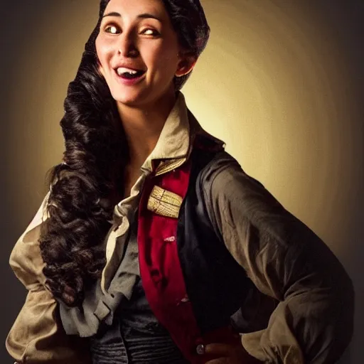 Image similar to laughing, beautiful, intelligent, tanned, female pirate captain 2 8 years old, 1 9 4 0 s haircut, fully clothed, wise, beautiful, masterful 1 8 0 0 s oil painting hanging at the louvre, dramatic lighting, sharp focus