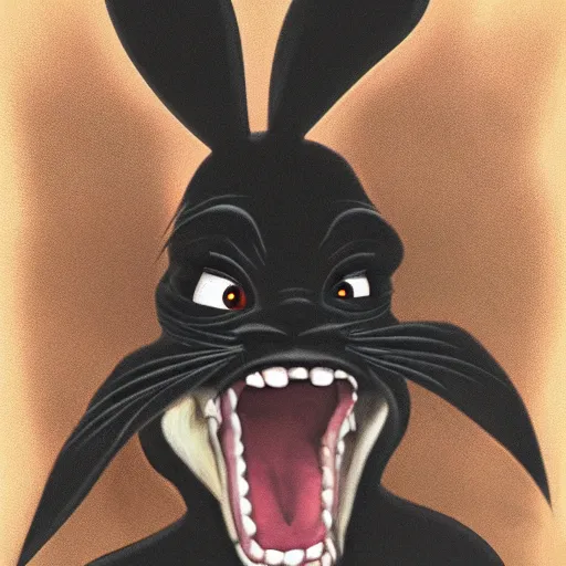 Image similar to A extremely highly detailed majestic hi-res beautiful, highly detailed head and shoulders portrait of a scary terrifying, horrifying, creepy black cartoon rabbit with scary big eyes, laughing in the style of Walt Disney