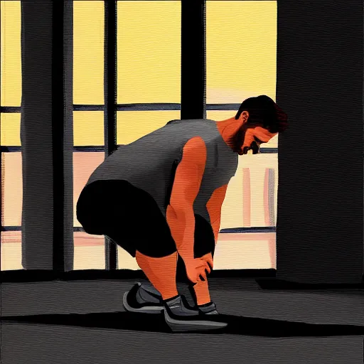 Image similar to a guy is working out at the gym, he falls a sleep, dramatic , digital painting