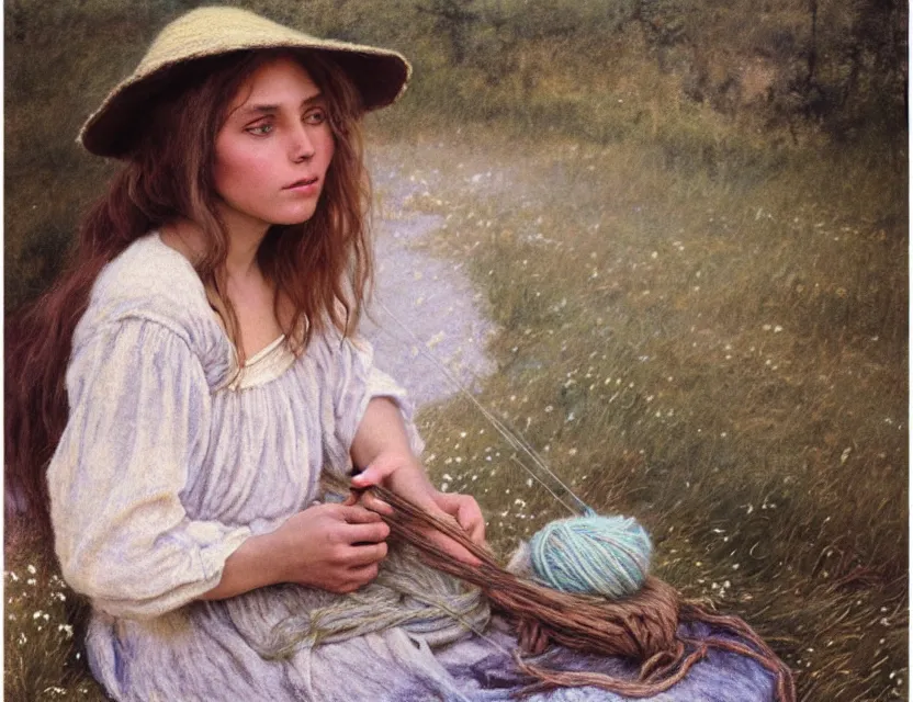 Image similar to peasant girl with long hair yarn knitting, cottage core, cinematic focus, polaroid photo bleached vintage pastel colors high - key lighting, soft lights, foggy, by steve hanks, by lisa yuskavage, by serov valentin, by tarkovsky, 8 k render, detailed, oil on canvas