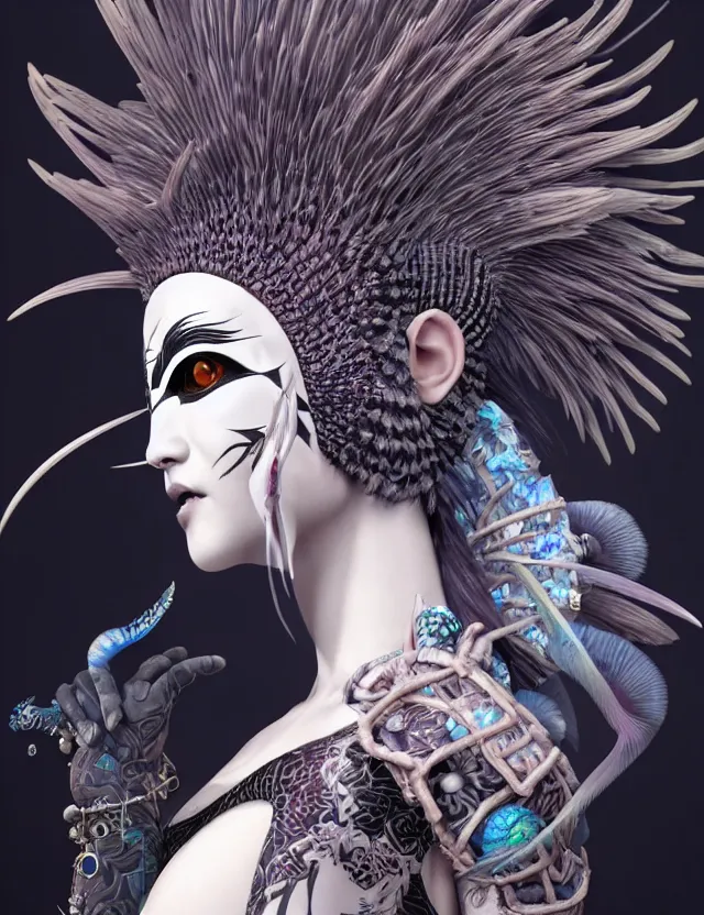 Prompt: 3 d goddess close - up profile simple portrait punk with mohawk with tiger skull. beautiful intricately detailed japanese crow kitsune mask and clasical japanese kimono. betta fish, jellyfish phoenix, bio luminescent, plasma, ice, water, wind, creature, artwork by tooth wu and wlop and beeple and greg rutkowski