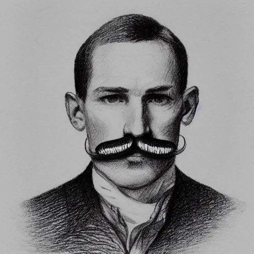 Image similar to A crosshatched portrait drawing of Jerma985 with a pyramidal mustache in the mid-late 1800s, cross haching, crosshatching, mid-late 1800s, grainy, realistic, hyperrealistic, very realistic, highly detailed, very detailed, extremely detailed, detailed, trending on artstation