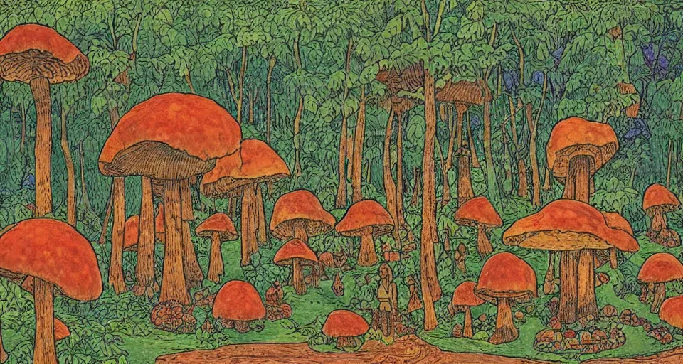 Image similar to A tribal village in a forest of giant mushrooms, by Ivan Bilibin,