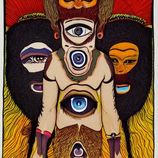 Image similar to three eyed gods, third eye middle of forehead, wide wide shot, very hairy bodies, vivid colors, eye in forehead, beautiful lighting