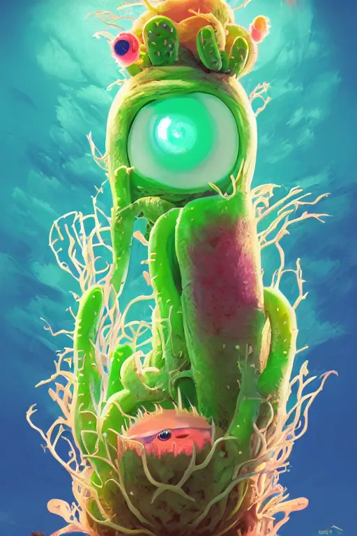 Image similar to roots cactus sushi cristal smurf ghost creature animal sushi cristal very big eye roots cactus elemental flush of force nature micro world fluo fishscale, behance hd by jesper ejsing, by rhads, makoto shinkai and lois van baarle, ilya kuvshinov, rossdraws radiating a glowing aura global illumination ray tracing hdr