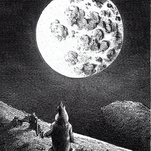 Image similar to pig in a tuxedo in front of the moon, dark clouds, high detail, dramatic light, illustration by gustave dore