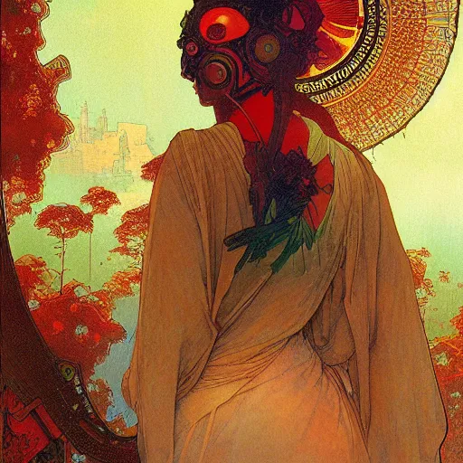 Image similar to the solarpunk phoenix, red bird, regeneration, landscape, volumetric light, bokeh, painting by greg rutkowski by alphonse mucha