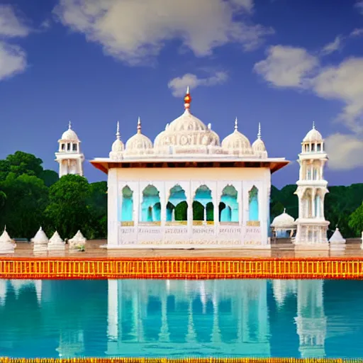 Prompt: a large white indian temple with a long pool of water in front of it, a detailed matte painting by sardar sobha singh, shutterstock contest winner, cloisonnism, creative commons attribution, photo taken with ektachrome, global illumination