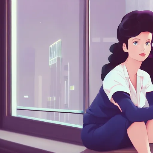 Prompt: portrait of a beautiful girl with dark hair that's styled in a 1940's fashion, dressed in a white t-shirt, sitting in an apartment alone at night, by window that overlooks futuristic city, nighttime, low-key neon lighting, 4k, HQ, official media, anime key visual, makoto shinkai, ilya kuvshinov, lois van baarle, rossdraws, detailed, trending on artstation