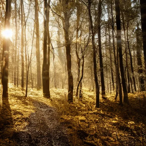 Image similar to professional photograph of a forest covered in melted silver and gold, high quality, cinematic lighting, hd, 4 k, 8 k