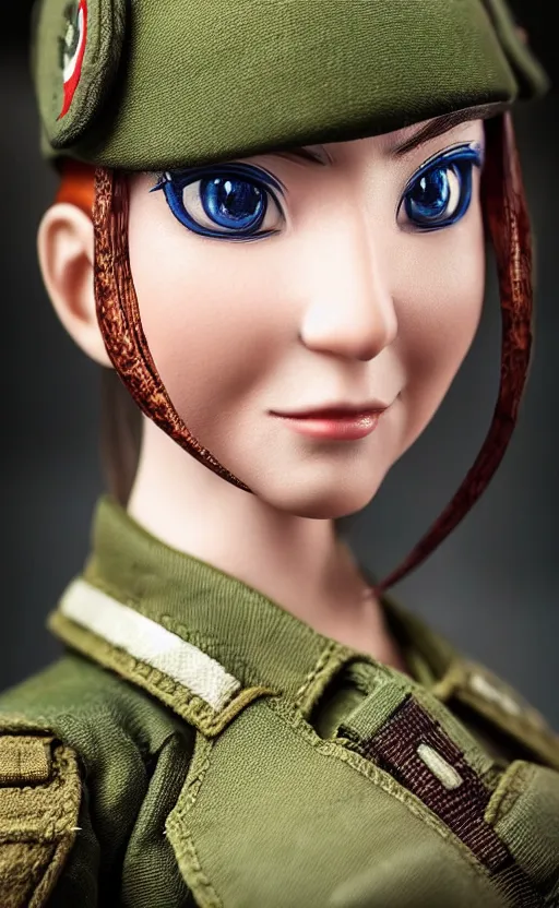 Image similar to portrait of the action figure of a female soldier, highly detailed, high resolution, toy, good smile company anime style, japanese collection product, stunning, girls frontline style, bokeh soft, 100mm, trending on instagram, by professional photographer, realistic human anatomy, realistic military carrier, modern warfare, realistic weapon, shot with a arriflex 35 ii, low saturation, small eyes