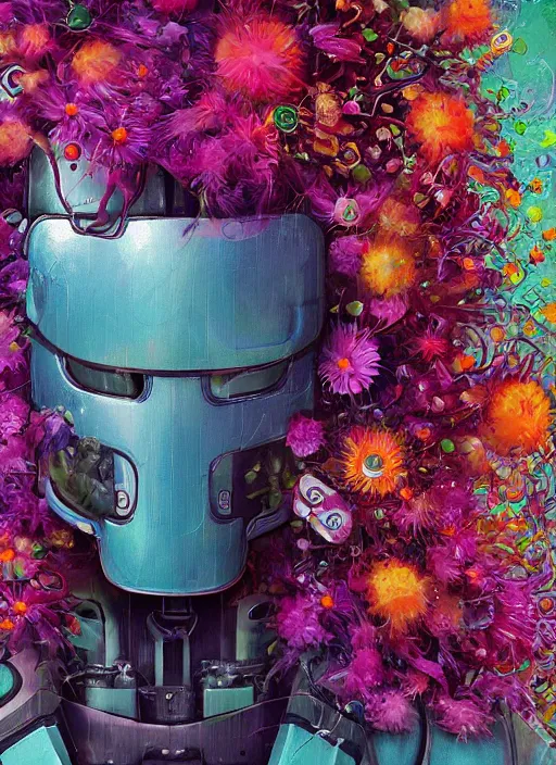 Image similar to closeup, underwater digital painting of a robot wearing a suit made of flowers, cyberpunk portrait by Filip Hodas, cgsociety, panfuturism, abstract expressionism, scribbles, made of flowers, dystopian art, vaporwave