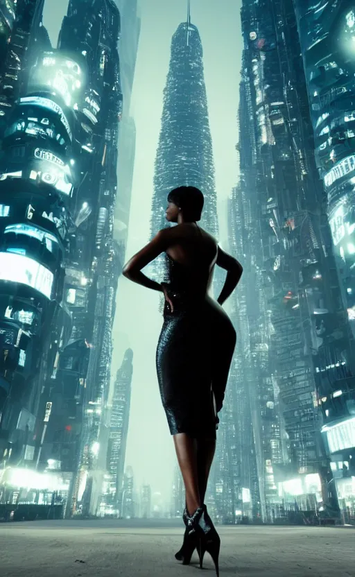 Prompt: an elegant Black woman in dress and heels, her back is to us, looking at a futuristic Blade Runner city