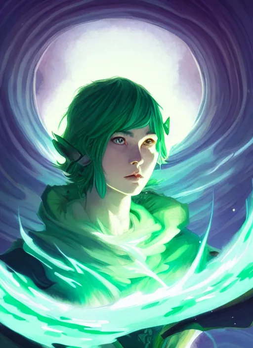 Image similar to style artgerm, joshua middleton, illustration, john krasinski as druid wearing green pelt light armor, anime eyes, blue hair, swirling water cosmos, fantasy, dnd, cinematic lighting