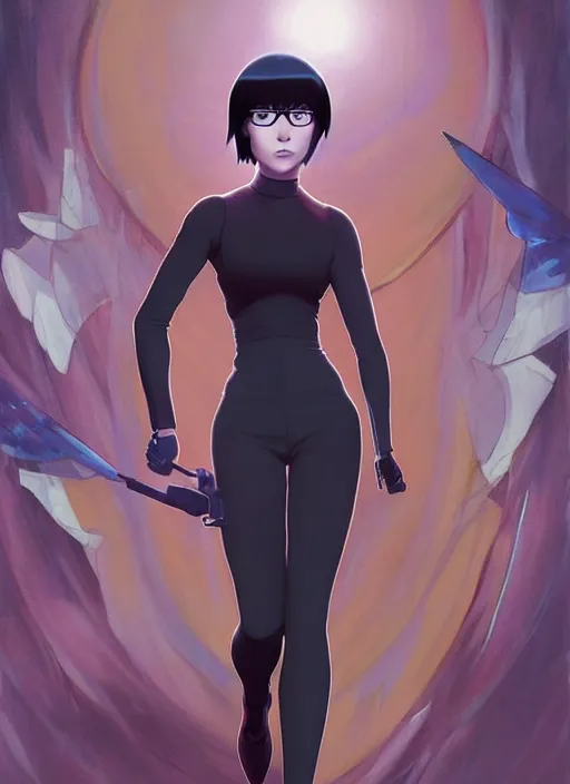 Prompt: Painting of grown-up Velma Dinkley in the style of Ghost in The Shell, beautiful anime art style, winged eyelashes, countryside, calm, fantasy character portrait, dark outlines, dynamic pose, above view, sunny day, artwork by Makoto Shinkai, very coherent asymmetrical artwork, sharp edges, perfect face, simple form, 100mm