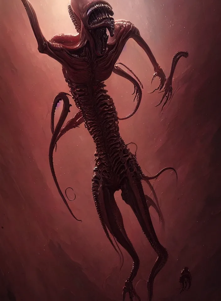 Prompt: a body portrait of a creature invoking fear, art by greg rutkowski, squid alien xenomorph, scifi horror setting, dark lighting, matte painting, trending on artstation, very detailed