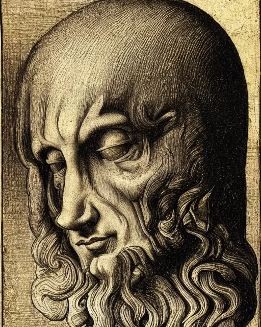 Image similar to head with three faces creature, drawn by da vinci