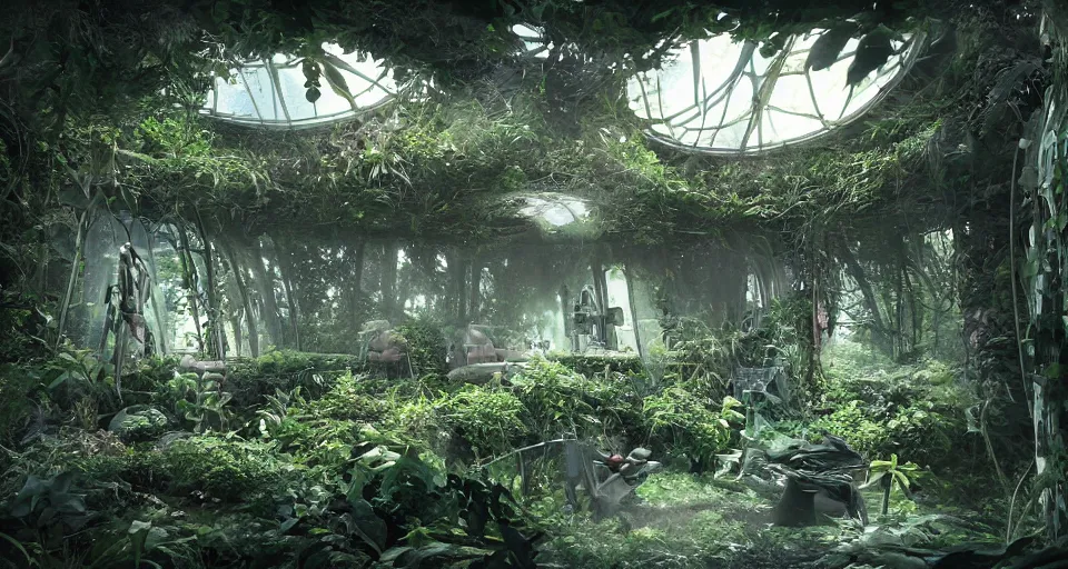 Image similar to inside a spaceship living quarters overgrown with plant life and ivy, artgerm, yoshitaka amano, gothic interior, 8 k, octane render, unreal engine