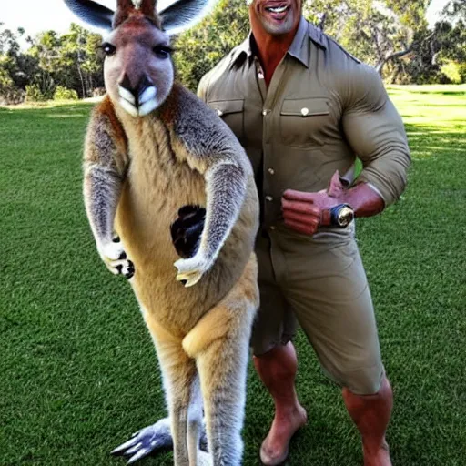 Image similar to kangaroo dwayne johnson, wearing a safari outfit