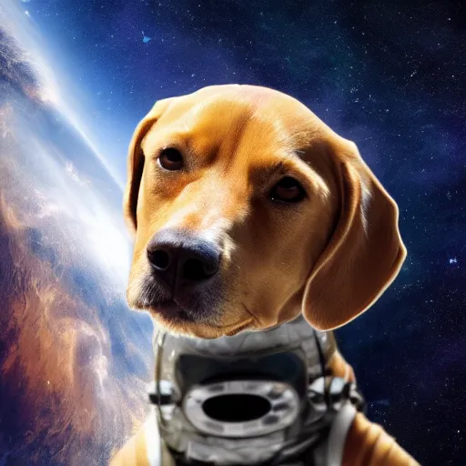 Prompt: A dog in a spacesuit in awe at the beauty of the universe 4k