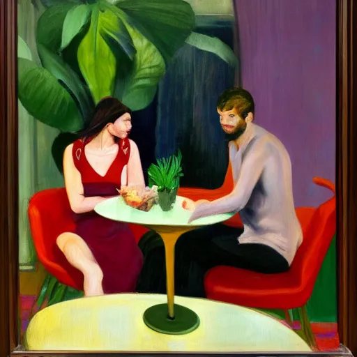 Image similar to an excited couple redefining love in a caffe surrounded by plants, expressionist painting by Francis Bacon and Edward Hopper, artstation