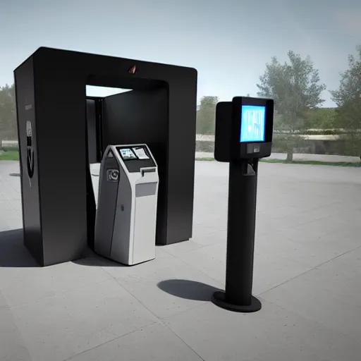 Image similar to gun charging kiosk, brutalist, futuristic, unreal engine, concept art