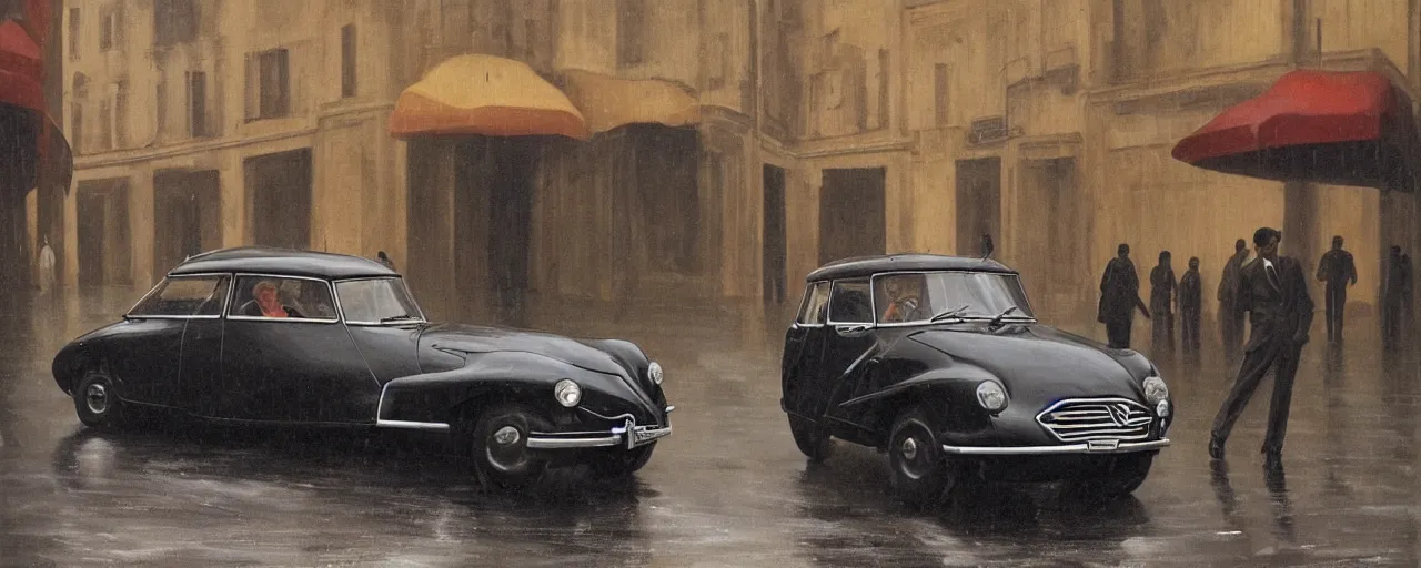 Prompt: A Detective at a black 1955 Citroen DS 19 with the headlights on, parked on the side of the road in the city of Rome while it is raining, by George Tooker, moody, sinister, lighting, hyperrealistic