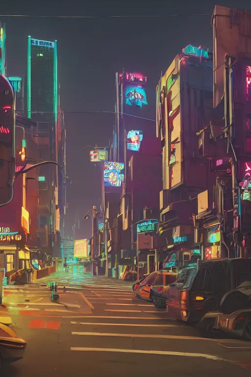 Image similar to up shot, a cyberpunk City Street with billboards and signs , rendered by simon stålenhag, rendered by Beeple, Makoto Shinkai, syd meade, environment concept, digital art, starwars, raphael lacoste, eddie mendoza, alex ross, concept art, cinematic lighting, , unreal engine, 3 point perspective, WLOP, trending on artstation, low level, 4K UHD image, octane render,