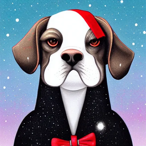 Prompt: portrait illustration of funny dog in the white tuxedo and red tie by jeremiah ketner, quint buchholz, wlop, dan mumford