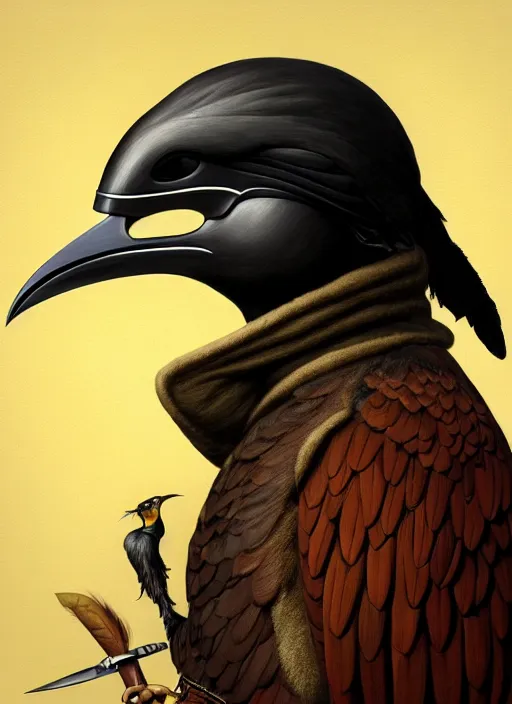 Prompt: rpg! profile! portrait of humanoid bird on white background, beak, feathers, plague doctor, golden mask, intricate, highly detailed, digital painting, artstation, concept art, smooth, sharp focus, illustration, art by norman rockwell emiliano ponzi andrey remnev yoann lossel aaron jasinski, 8 k