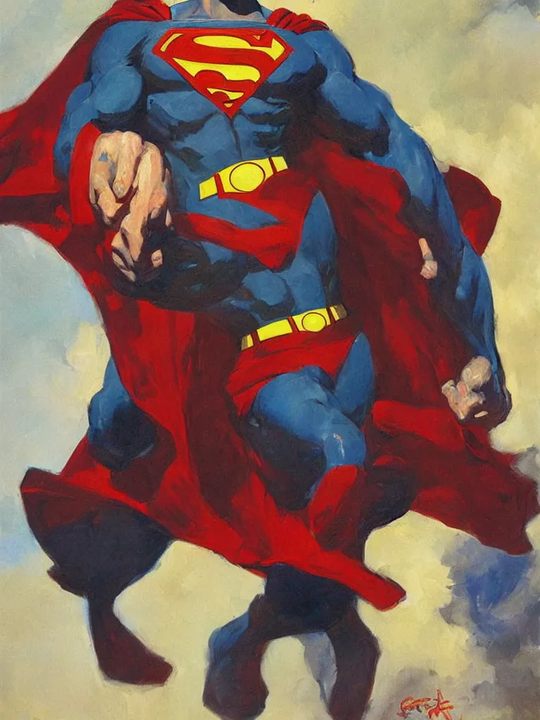 Prompt: a heroic portrait of Superman as illustrated by Gregory Manchess. 1992. Oil on panel. Museum Quality Scan.