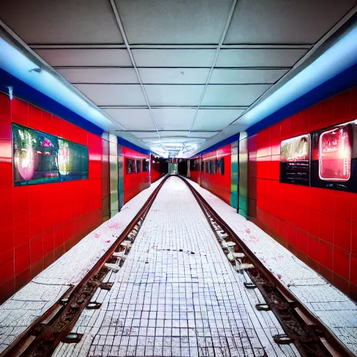 Prompt: futuristic, pastel colors, hd 8 k, abandoned, overgrown, red blue studio lightning, subway station