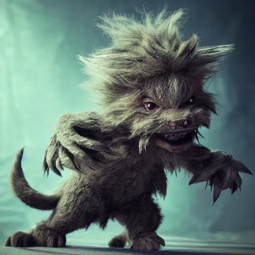 Image similar to full body pose, hyperrealistic photograph of a cute fuzzy goblin monster, dim volumetric lighting, 8 k, octane beautifully detailed render, extremely hyper detailed, intricate, epic composition, cinematic lighting, masterpiece, trending on artstation, very very detailed, stunning, hdr, smooth, sharp focus, high resolution, award, winning photo, dslr, 5 0 mm