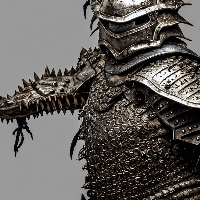 Image similar to photo of a warrior with metal crocodile themed armour, highly detailed, 4 k, hdr, smooth, sharp focus, high resolution, award - winning photo