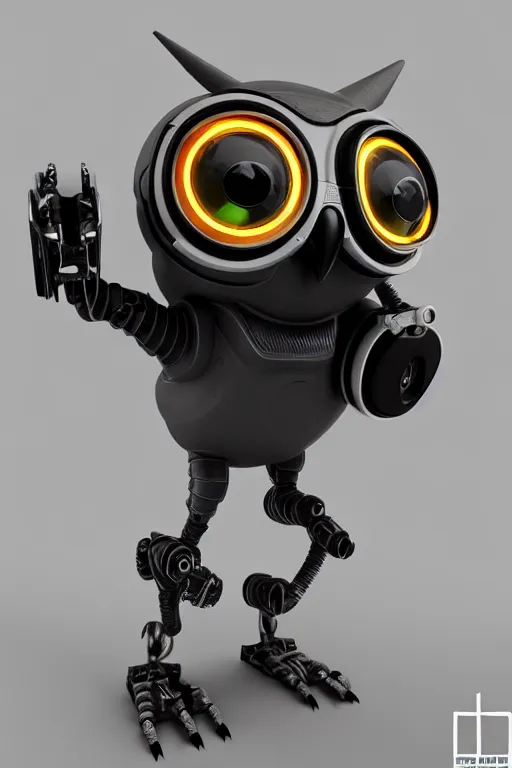 Image similar to high quality 3 d render very cute cyborg owl! with boombox!, cyberpunk highly detailed, unreal engine cinematic smooth, in the style of blade runner & detective pikachu, hannah yata charlie immer, moody light, low angle, uhd 8 k, sharp focus