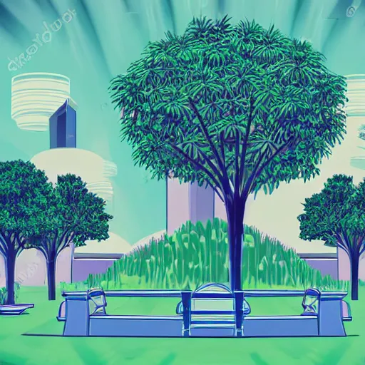 Image similar to art deco vaporwave illustration of a park with trees and benches, in a futuristic pastel city