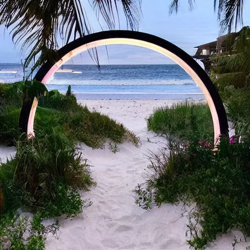 Prompt: a photo of a magical glowing portal in the middle of a city that leads to a beach, through the portal you can see a beach