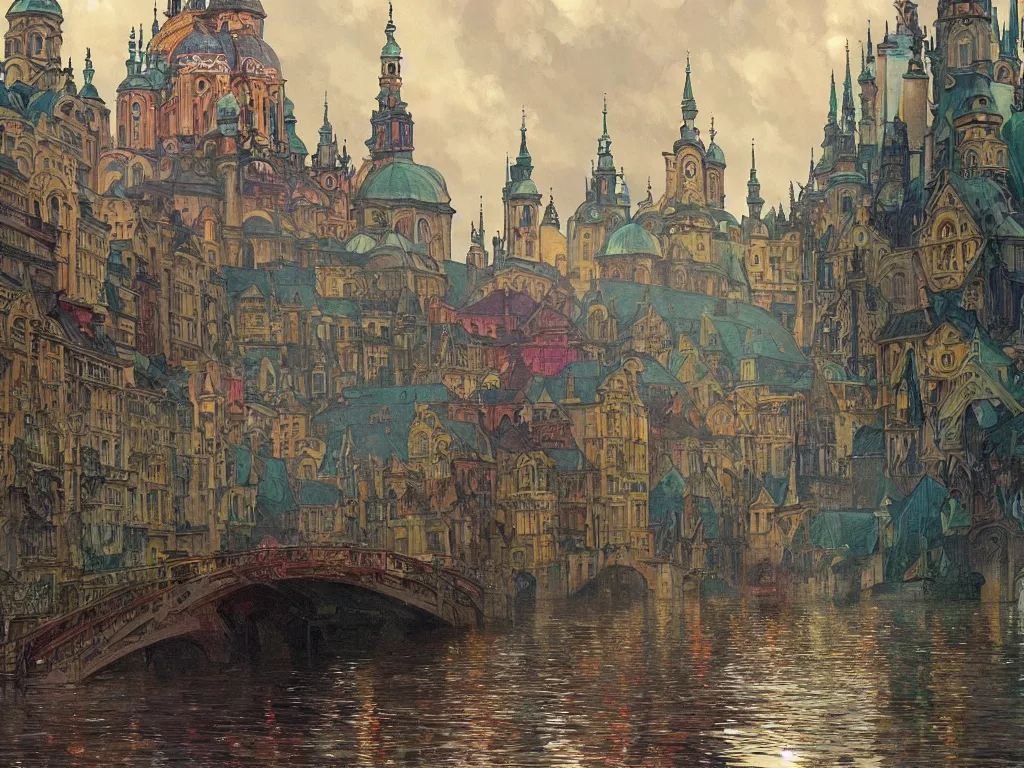 Image similar to a view from the river a city resembling prague, paris, and venice after a rain with a rainbow, intricate, elegant, highly detailed, digital painting, artstation, concept art, smooth, sharp focus, colored illustration for tattoo, art by krenz cushart and artem demura and alphonse mucha,