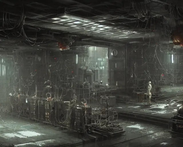 Image similar to gloomy ruined server room in datacenter robot automata rusty steel robot knight colossus welder pacing fixing mono eyed, sharp focus, emitting diodes, smoke, artillery, sparks, racks, system unit, motherboard, by pascal blanche rutkowski repin artstation hyperrealism painting concept art of detailed character design matte painting, 4 k resolution blade runner