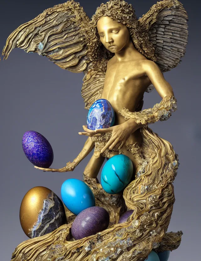 Image similar to a photo of a sculpture of a winged child made from blue and emerald and amethyst crystal geode formations with a marble egg with obsidian base with liquid gold tendrils flowing by ellen jewett by stanisław szukalski, octane render, byzantine, recursive, tendrils, elestial crystals, geode,