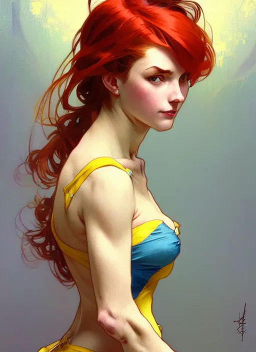 Image similar to digital character concept art by artgerm and greg rutkowski and alphonse mucha. clear portrait of a pin - up young wife, redhead, blue and yellow clothes, shabby, defiant, light effect, 8 k, hyper detailed, intricate, elegant, digital painting, artstation, smooth, sharp focus