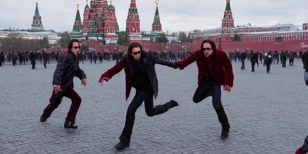 Image similar to nicolas cage as freddy krueger chasing lora palmer on the red square in moscow. cinematic trailer high resolution