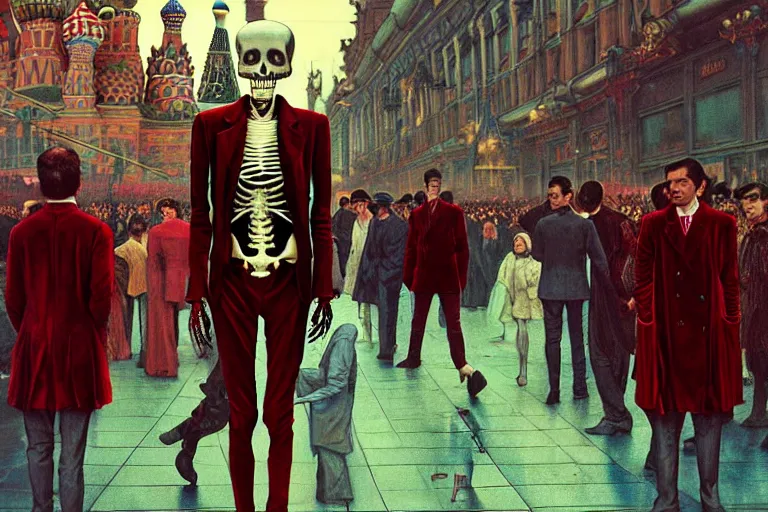 Image similar to realistic detailed photorealistic film portrait shot of a single skeleton wearing crimson velvet blazer in a crowded futuristic moscow street by Denis Villeneuve, Amano, Yves Tanguy, Alphonse Mucha, Ernst Haeckel, Andrei Tarkovsky, Edward Robert Hughes, Roger Dean, rich moody colours, wide angle, blue eyes