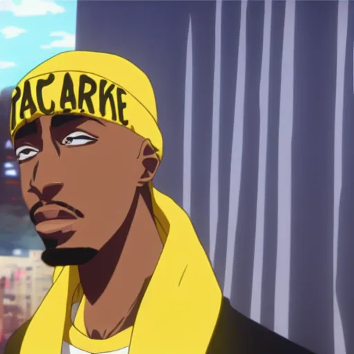 Image similar to Tupac Shakur, screenshot from a 2012s anime