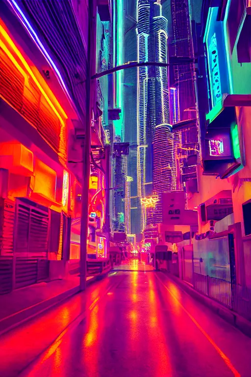 Image similar to neon streets of dubai, 4 k, award winning photo, cyberpunk style